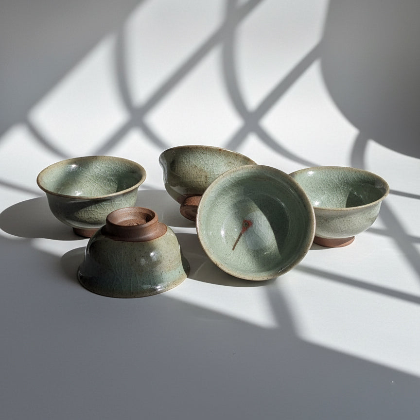 Green Crackle Glaze Bird Hand Painted Tea Cup