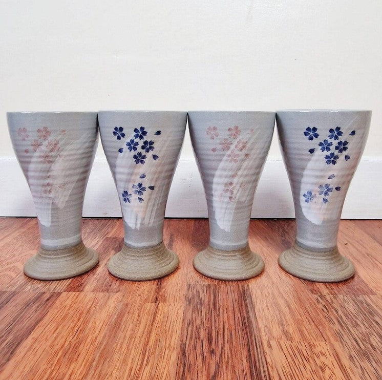 Set of 4 Hand Painted Sakura Ceramic Wine Goblets | Japanese