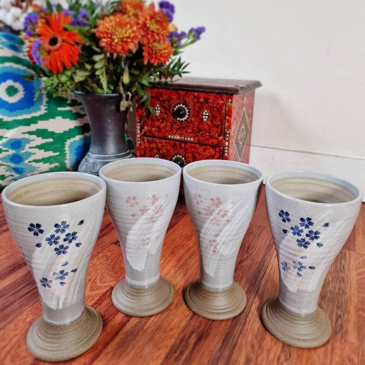 Set of 4 Hand Painted Sakura Ceramic Wine Goblets | Japanese
