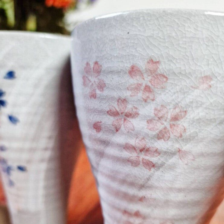 Set of 4 Hand Painted Sakura Ceramic Wine Goblets | Japanese