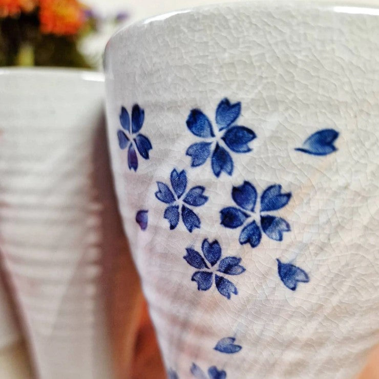 Set of 4 Hand Painted Sakura Ceramic Wine Goblets | Japanese