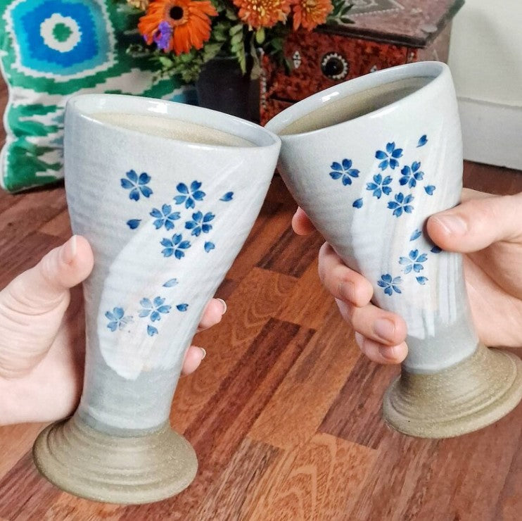 Set of 4 Hand Painted Sakura Ceramic Wine Goblets | Japanese