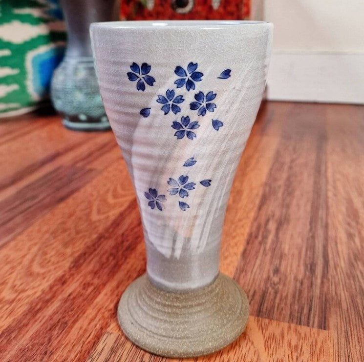 Set of 4 Hand Painted Sakura Ceramic Wine Goblets | Japanese