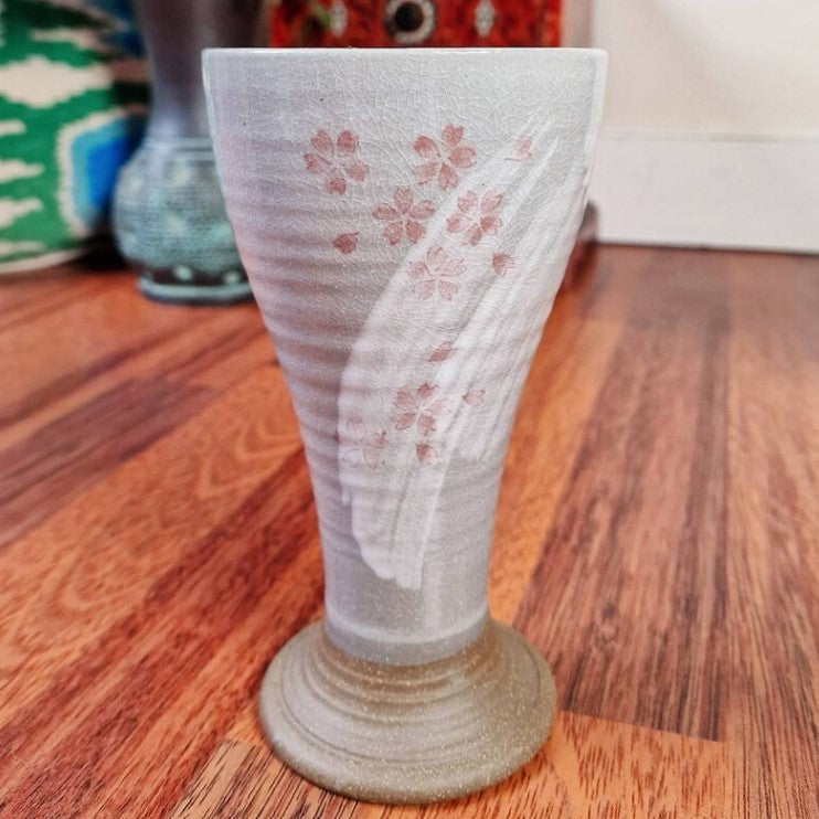 Set of 4 Hand Painted Sakura Ceramic Wine Goblets | Japanese