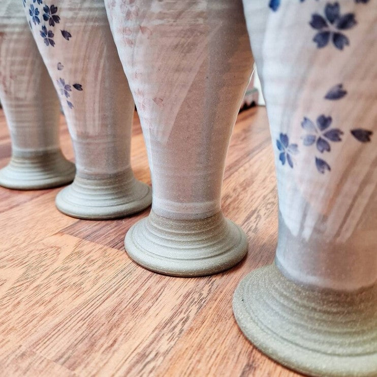 Set of 4 Hand Painted Sakura Ceramic Wine Goblets | Japanese