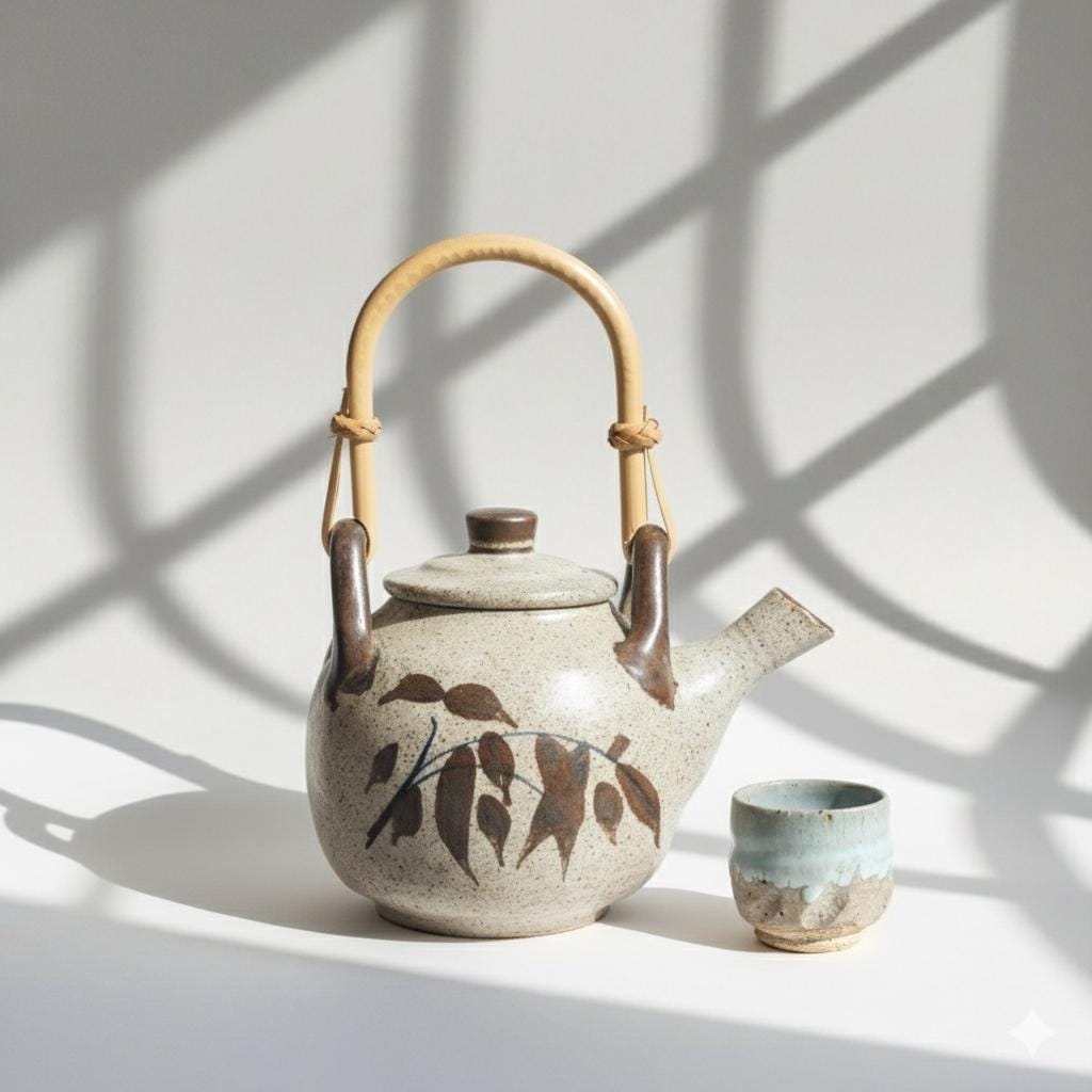 Vintage Japanese Yunomi Tea Cup Set, Rustic Stoneware with Blue-Gray Glaze