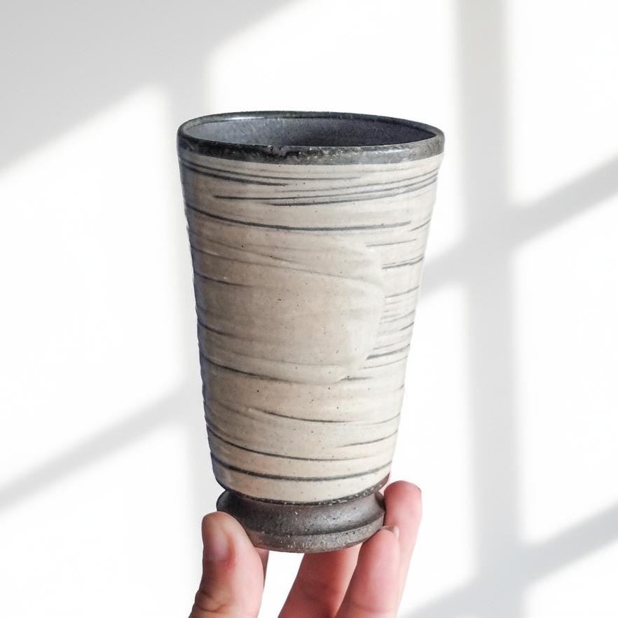 Handmade Stoneware Tumbler – Modern Japanese Ceramic Cup with Gray Stripes