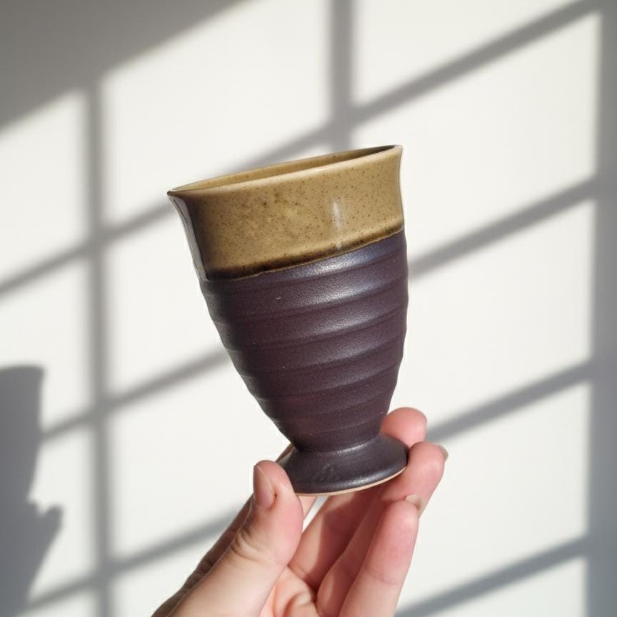Handcrafted Two-Tone Stoneware Goblet Cup– Japanese Ceramic Chalice for Tea, Sake, or Wine