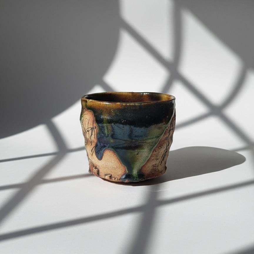 Oribe Ware Chawan Tea Cup, Japanese Pottery, Green Drip Glaze, Peace Motif
