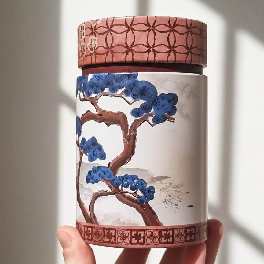 Japanese Tea Caddy Canister, Pine Tree & Crane Design, Airtight Tin Storage Container, White Silver | For Matcha, Tea, Spice, Coffee