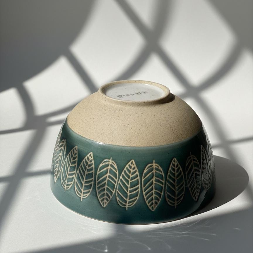 Retro Japanese Bowls Set, Hand Painted Leaf Pattern Ceramic, Mid Century Modern Rice Bowls, Green Blue White Stoneware