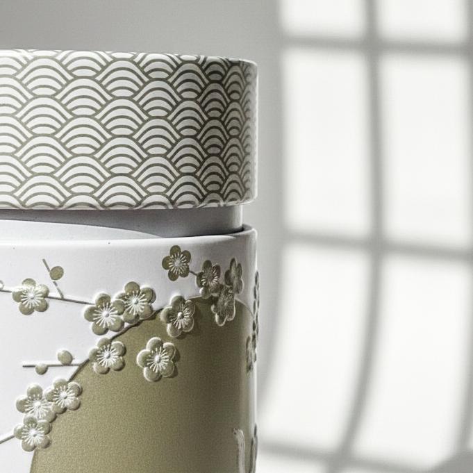 Japanese Tea Caddy Canister, Crane Moon Cherry Blossom Design, Airtight Tin Storage Container, White Silver | For Matcha, Tea, Spice, Coffee