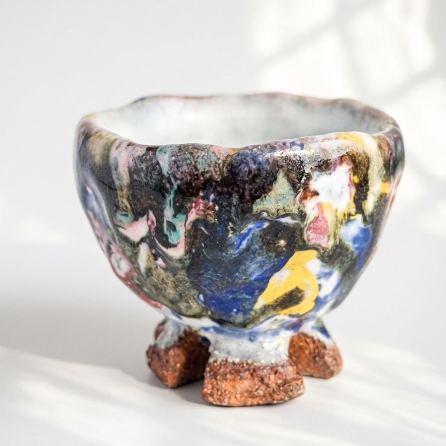 Japanese Hand-Formed Hagi Ware Sake Cup by Seigan Yamane | Colorful Glaze Guinomi with Signed Tomobako