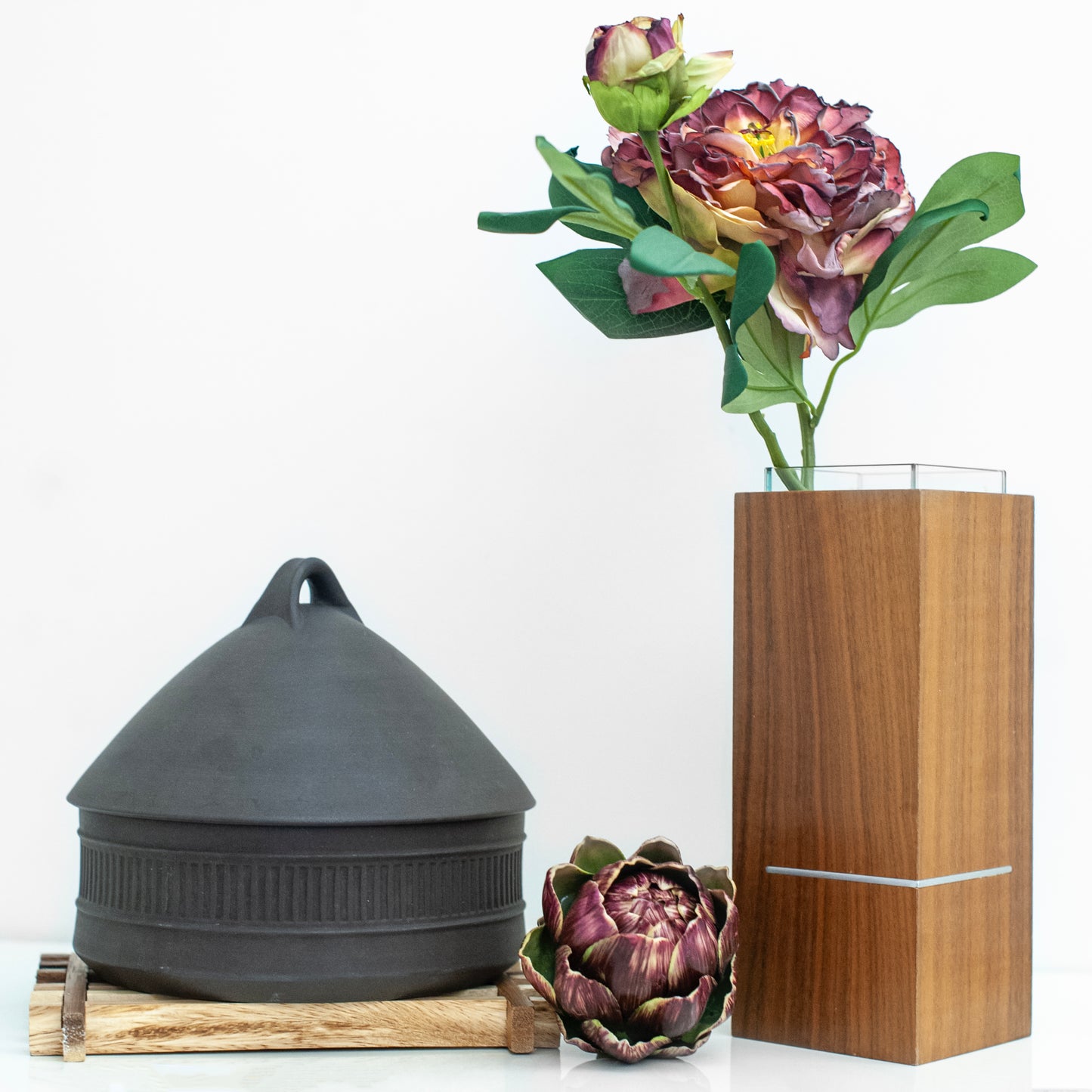 Mid-Century Wood Rectangular Vase with Steel Inlay | Scandinavian
