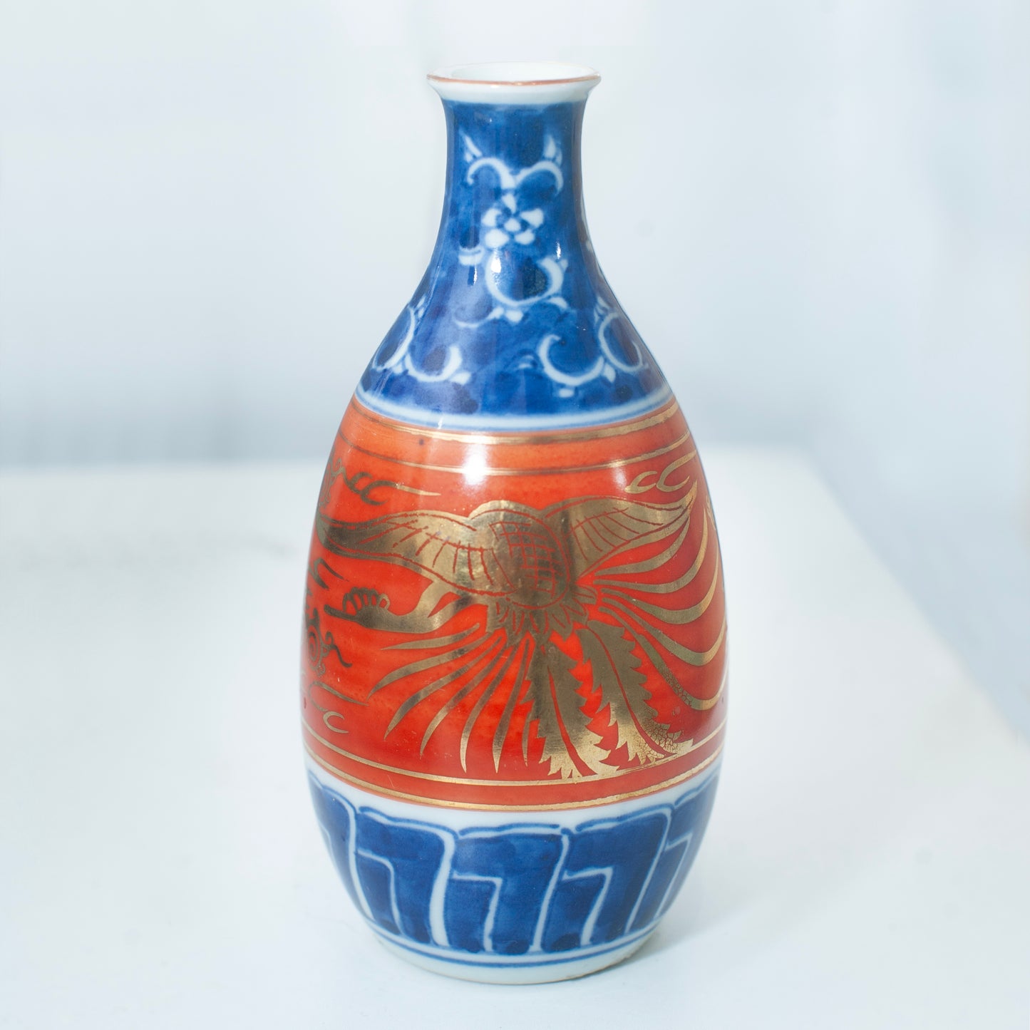 200 Year Old Blue & Red Phoenix Vase, Sake Bottle | Japan