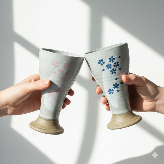 Set of 4 Hand Painted Sakura Ceramic Wine Goblets | Japanese