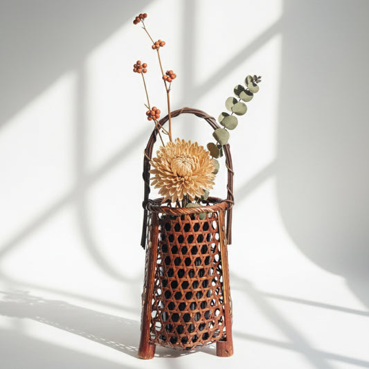 Vintage Handmade Bamboo Basket, Flower Vase | Japan