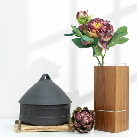 Mid-Century Wood Rectangular Vase with Steel Inlay | Scandinavian