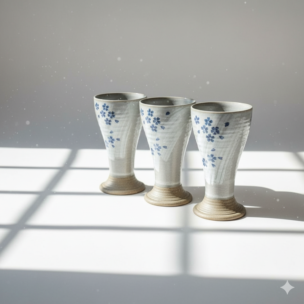 Set of 4 Hand Painted Sakura Ceramic Wine Goblets | Japanese