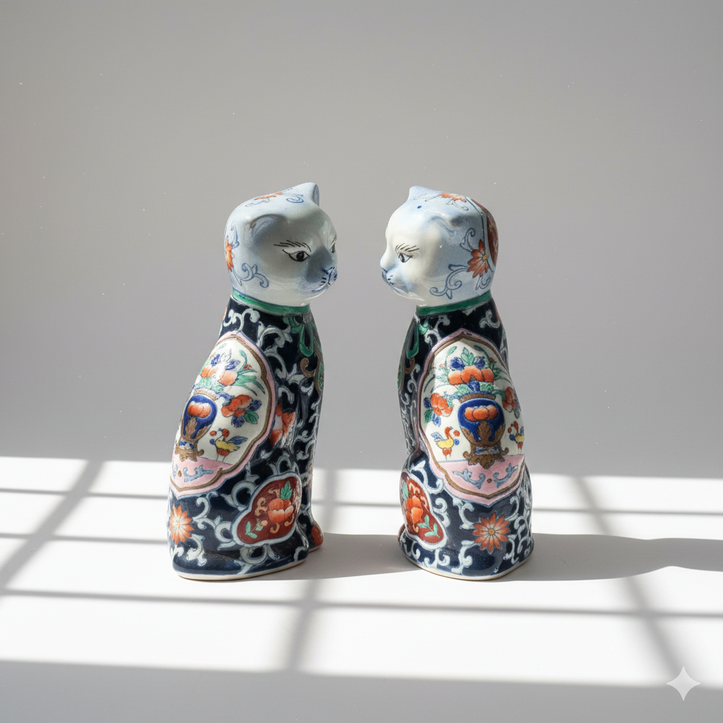 Set of 2 Imari Mantle Cat Figurines | Chinese, Mid 20th Century
