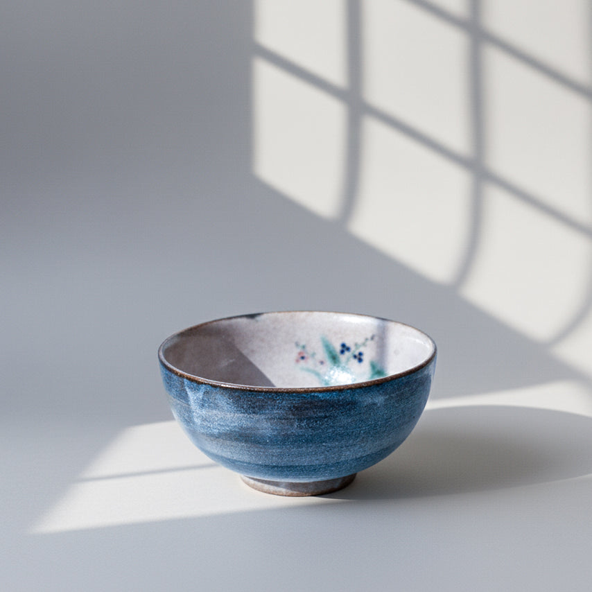 Blue Glazed Bowl with Flower Detail | Japan