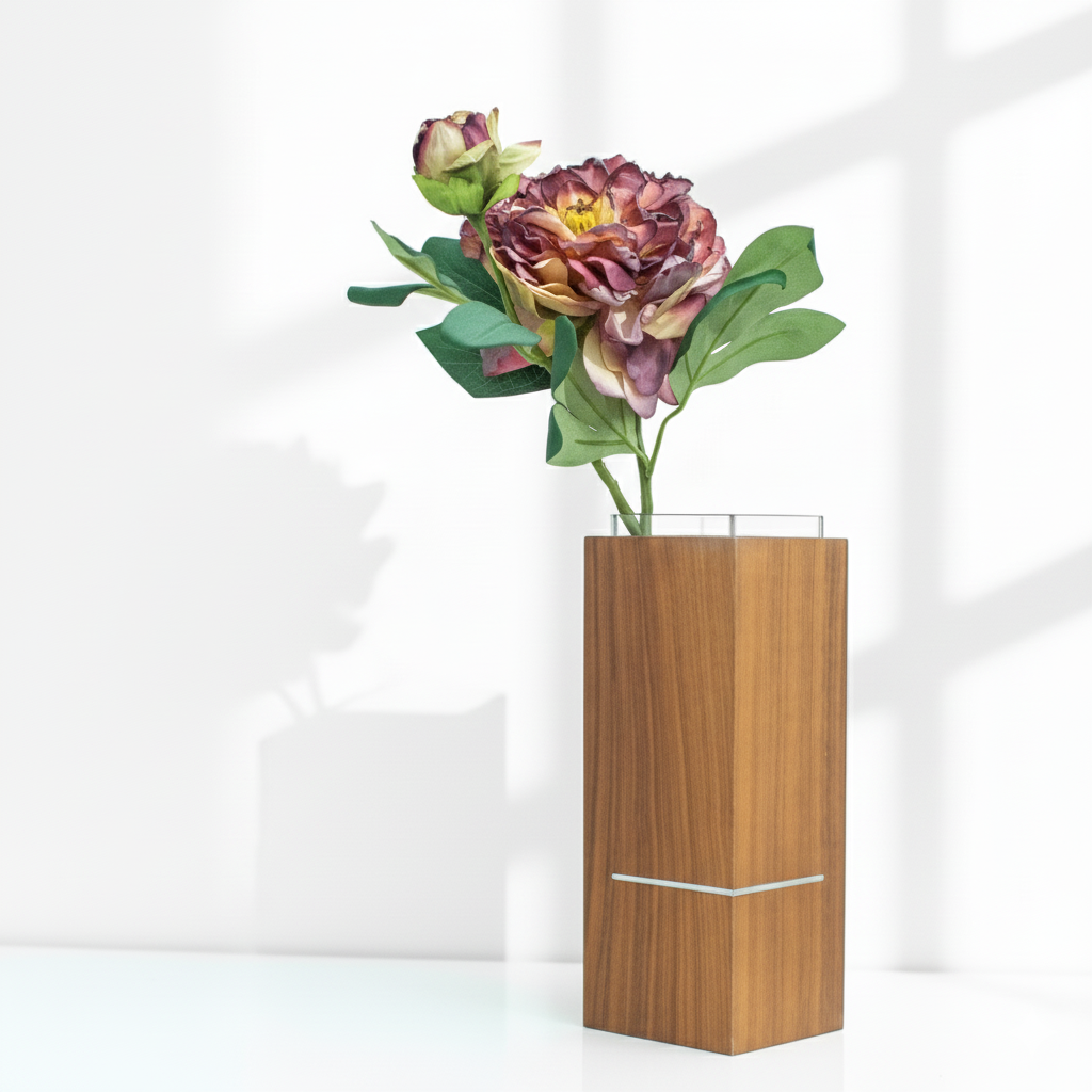 Mid-Century Wood Rectangular Vase with Steel Inlay | Scandinavian