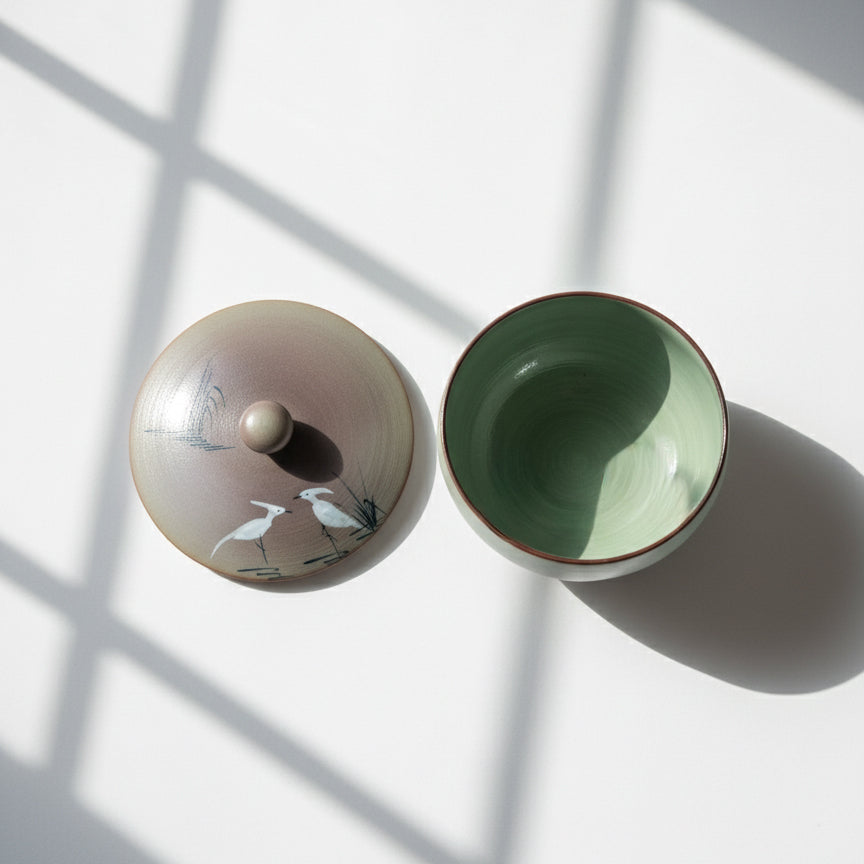 Crane Hand Painted Loose Leaf Tea Cup/ Storage Container