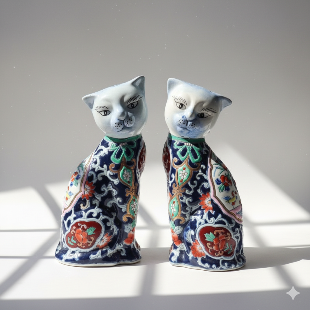 Set of 2 Imari Mantle Cat Figurines | Chinese, Mid 20th Century