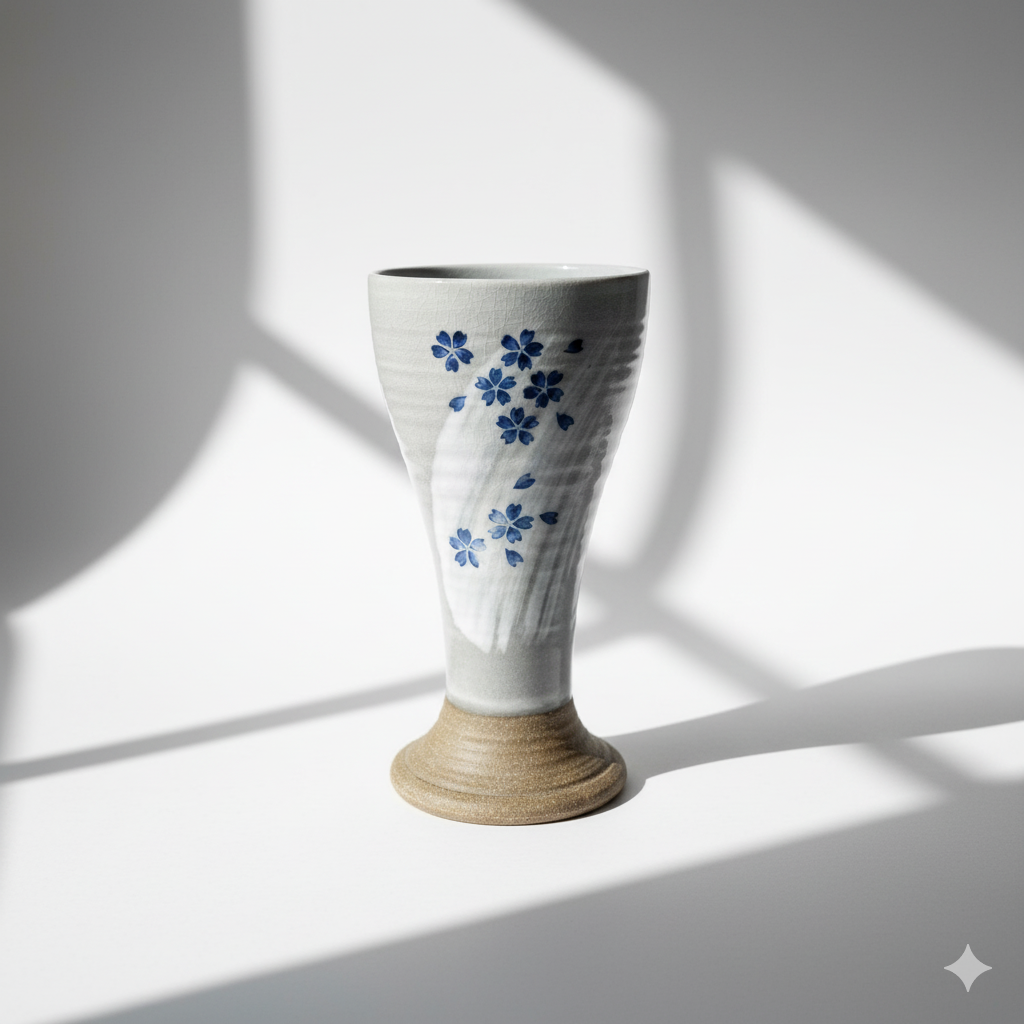 Set of 4 Hand Painted Sakura Ceramic Wine Goblets | Japanese