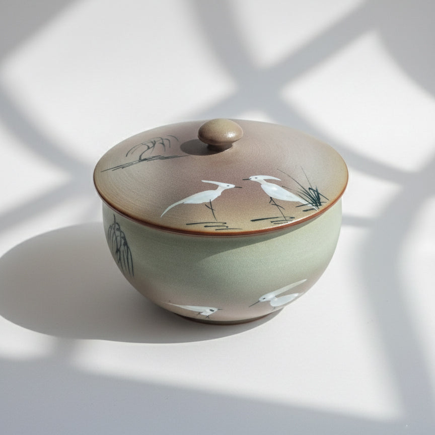 Crane Hand Painted Loose Leaf Tea Cup/ Storage Container