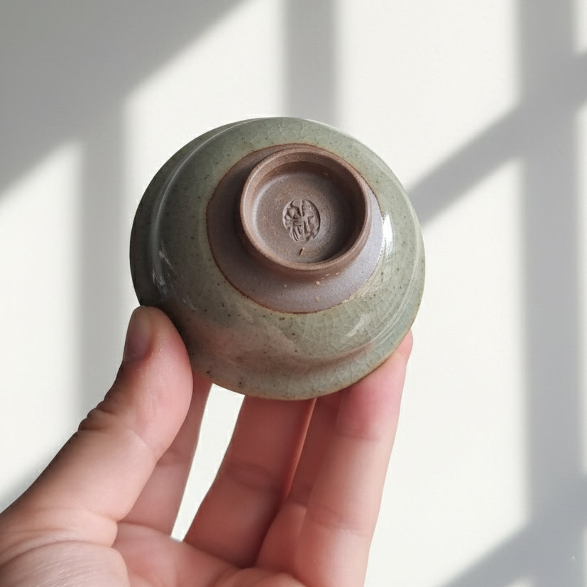 Green Crackle Glaze Bird Hand Painted Tea Cup