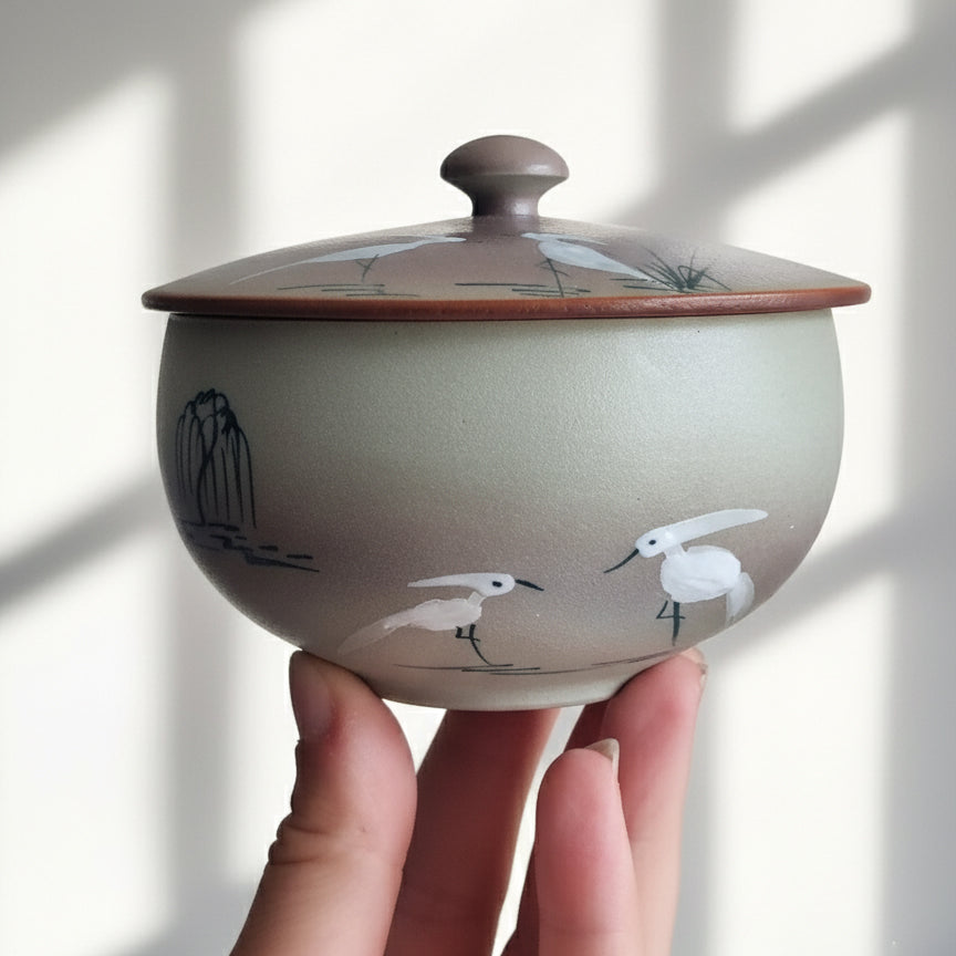 Crane Hand Painted Loose Leaf Tea Cup/ Storage Container