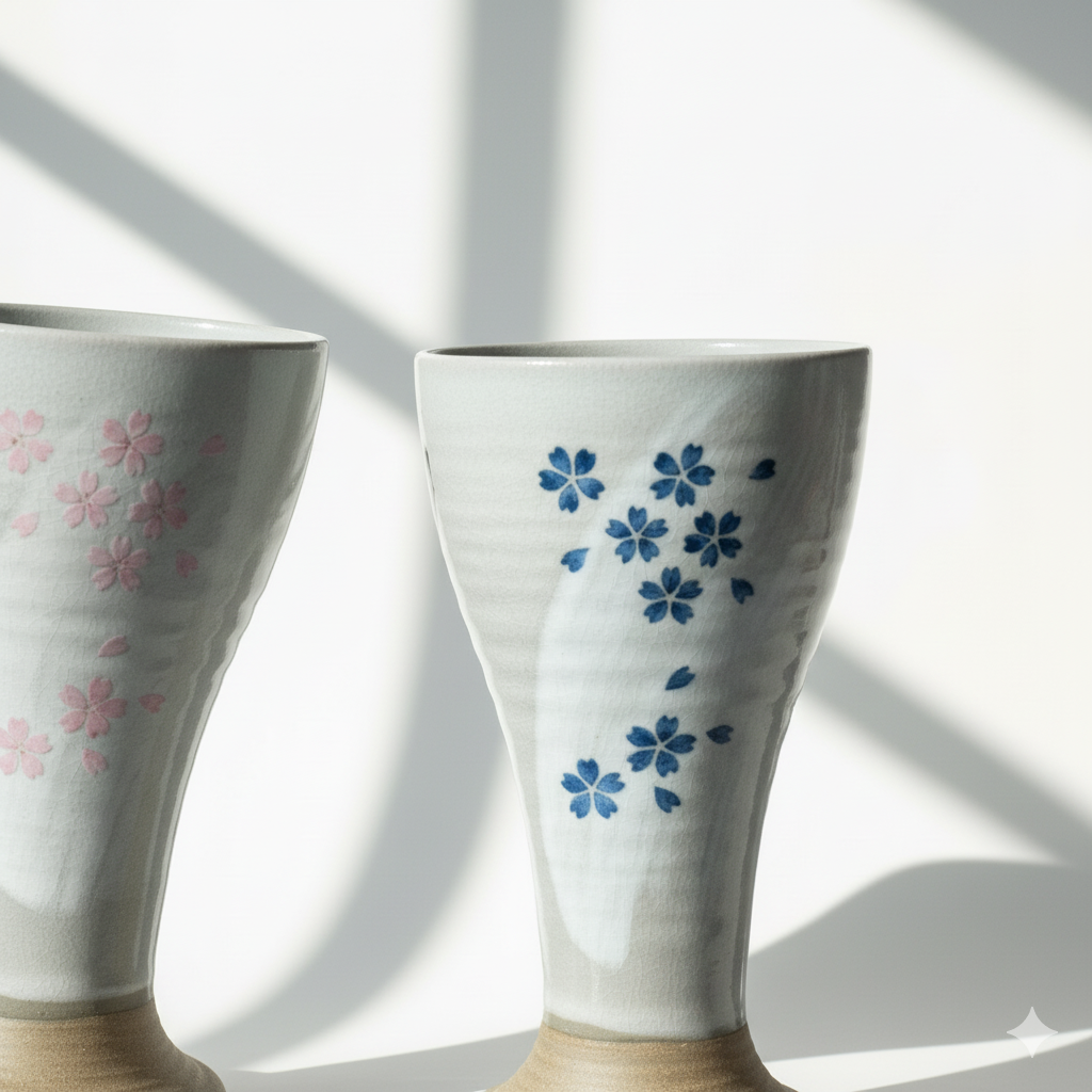 Set of 4 Hand Painted Sakura Ceramic Wine Goblets | Japanese