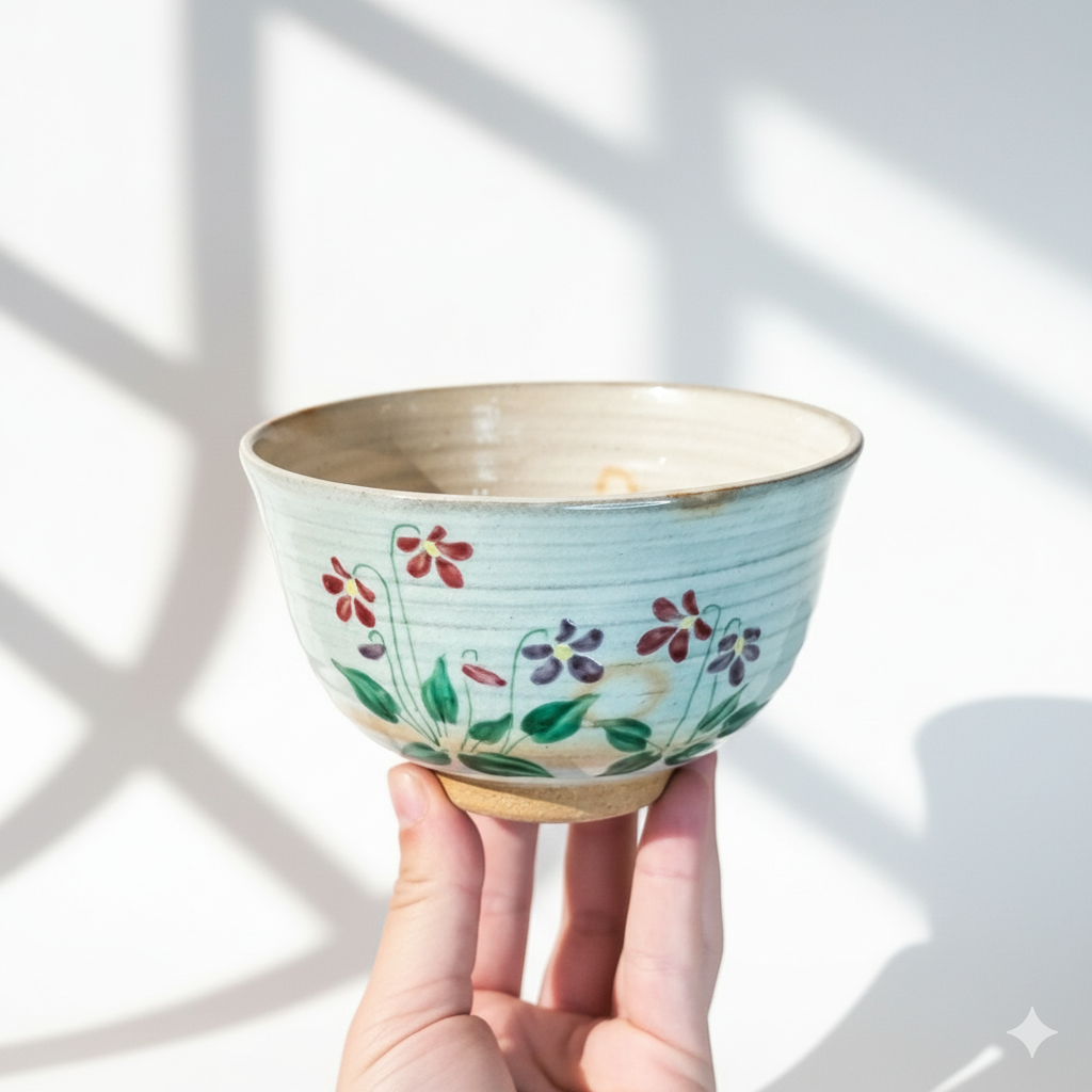 Hagi Ware Hand Painted Floral Matcha Bowl