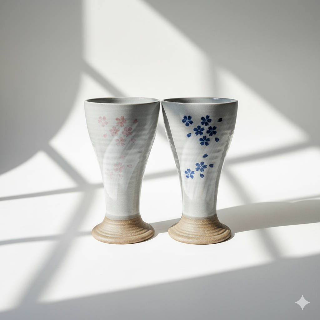 Set of 4 Hand Painted Sakura Ceramic Wine Goblets | Japanese