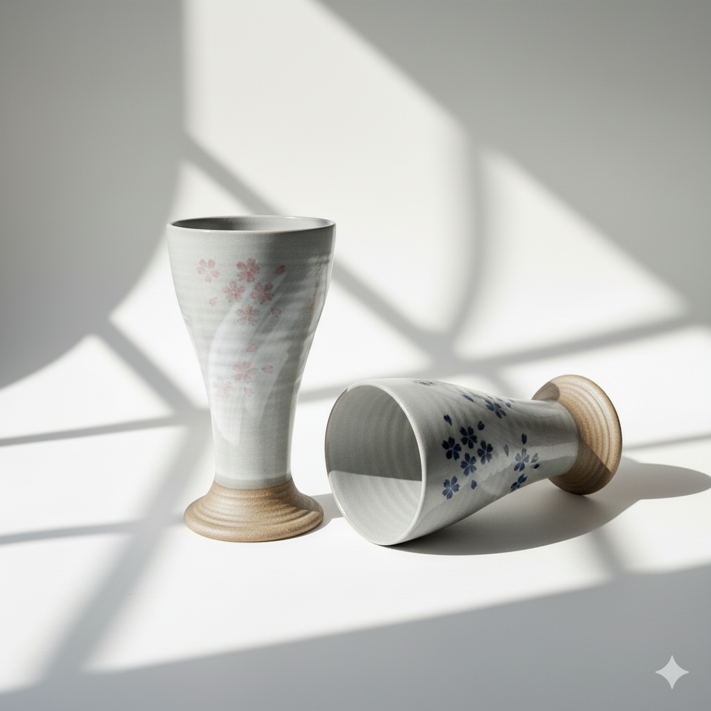 Set of 4 Hand Painted Sakura Ceramic Wine Goblets | Japanese