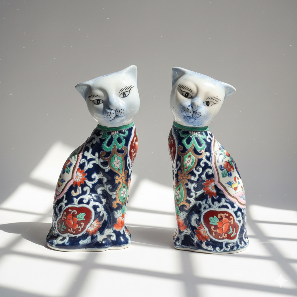 Set of 2 Imari Mantle Cat Figurines | Chinese, Mid 20th Century