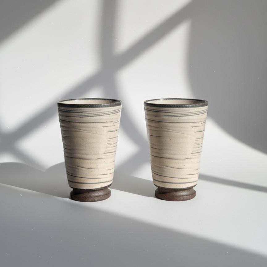 Handmade Stoneware Tumbler – Modern Japanese Ceramic Cup with Gray Stripes