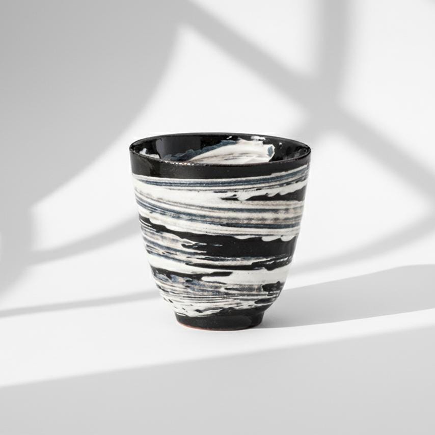 Handmade Japanese Hechimon Yunomi Pottery Marbled Glaze Tea Cup- Black