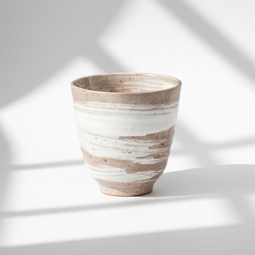 Handmade Japanese Hechimon Yunomi Pottery Marbled Glaze Tea Cup- Cream