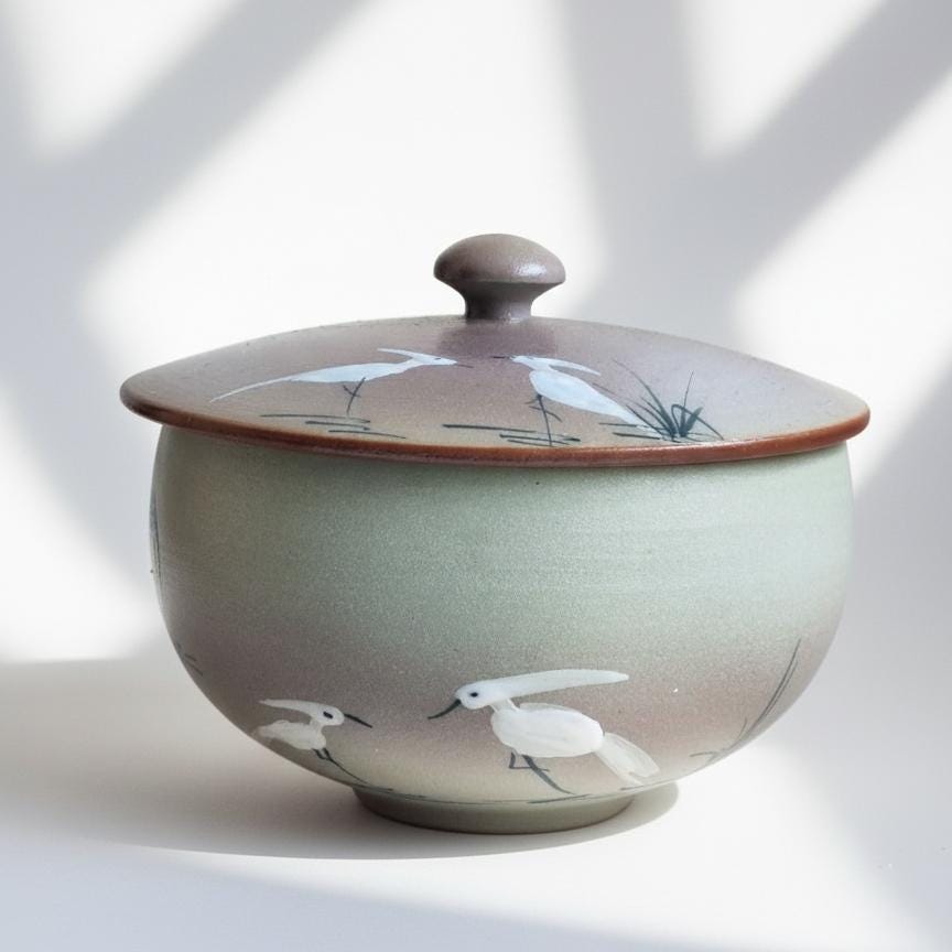 Vintage Japanese Ceramic Lidded Bowl, Hand-Painted Crane Bamboo Design