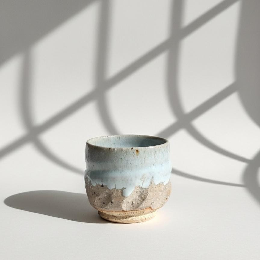 Vintage Japanese Yunomi Tea Cup Set, Rustic Stoneware with Blue-Gray Glaze