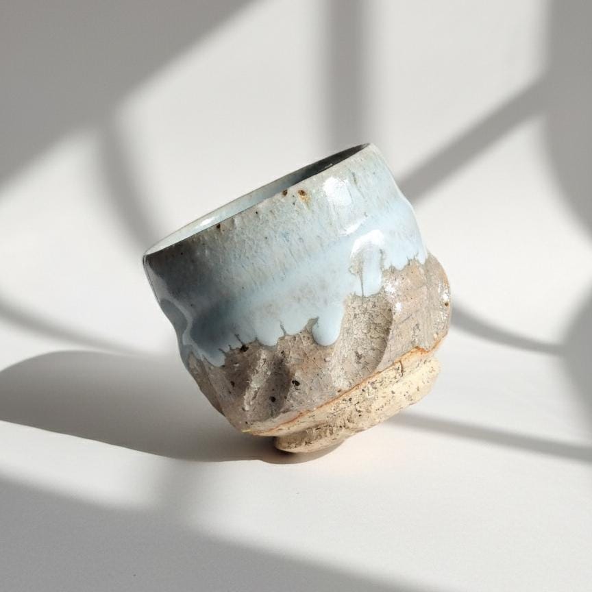 Vintage Japanese Yunomi Tea Cup Set, Rustic Stoneware with Blue-Gray Glaze