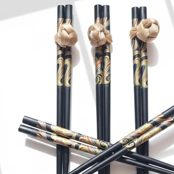 Japanese Chopsticks | Colourful Dragon Pattern Design | Gold Knot Rest | Black Lacquer