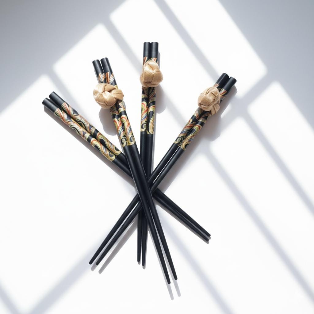 Japanese Chopsticks | Colourful Dragon Pattern Design | Gold Knot Rest | Black Lacquer