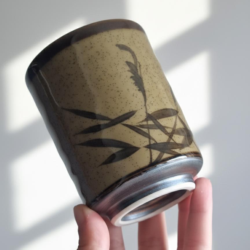 Japanese Yunomi Tea Cup, Hand-Painted Bamboo Design, Ochre Glaze