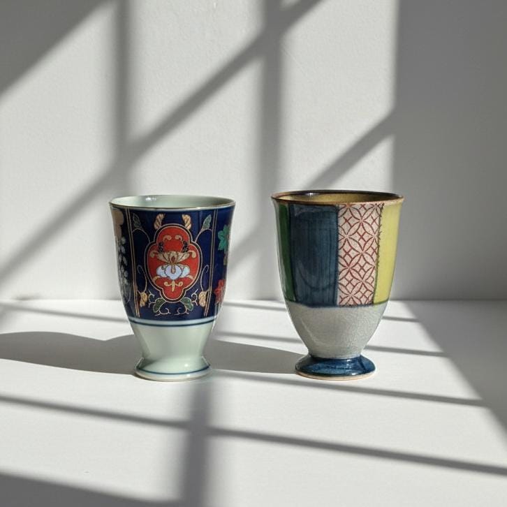 Handcrafted Japanese Rainbow Geometric Yunomi Goblet – Ceramic Footed Chalice for Tea, Sake, or Wine