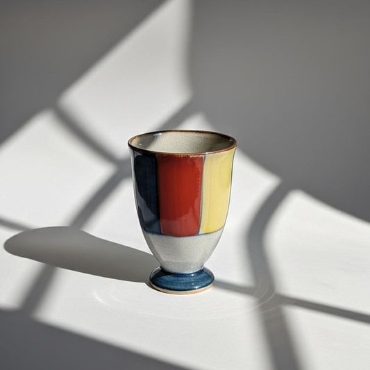 Handcrafted Japanese Rainbow Geometric Yunomi Goblet – Ceramic Footed Chalice for Tea, Sake, or Wine