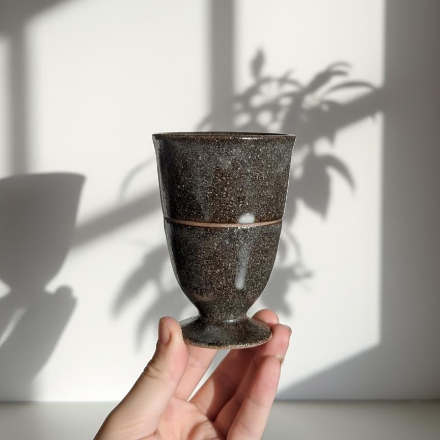 Handcrafted Japanese Stoneware Goblet Cup– Rustic Ceramic Chalice for Tea, Wine, or Display
