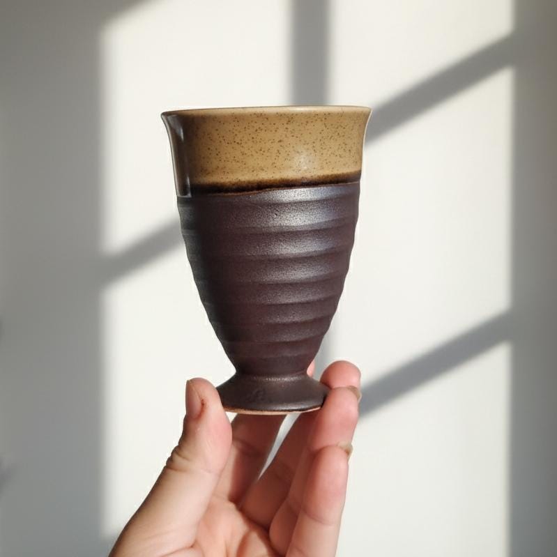 Handcrafted Two-Tone Stoneware Goblet Cup– Japanese Ceramic Chalice for Tea, Sake, or Wine